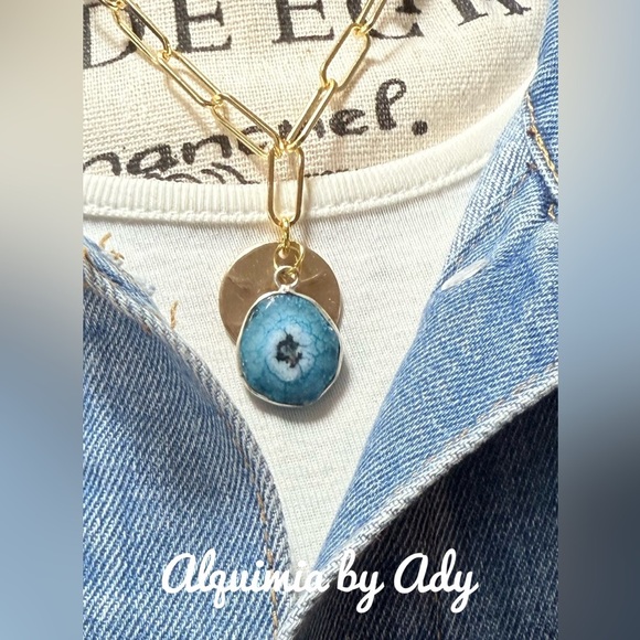 Gold and Blue solar quartz Pendant Necklace - Picture 2 of 2